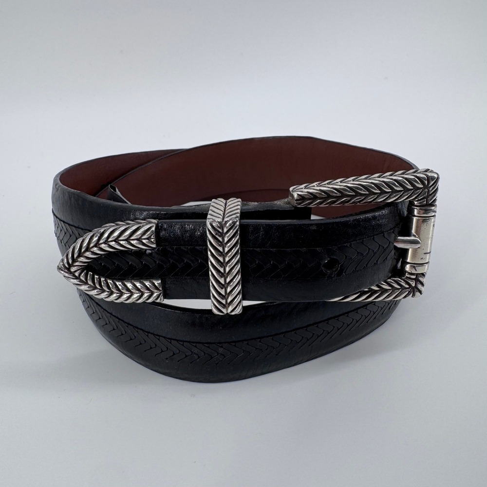 VTG Onyx by Brighton Leather Belt Men 32 Black Braided Texture Silver Buckle USA